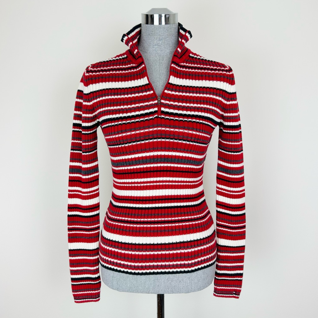 Vintage Tommy Hilfiger Striped Red And Black Women's Quarter Zip Sweater Size S